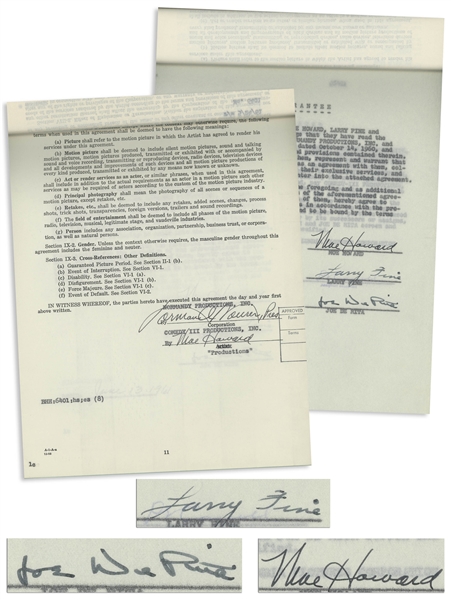 ''The Three Stooges Meet Hercules'' 1961 Contract Signed by Moe Howard, Larry Fine & Joe DeRita With Another Page Additionally Signed by Moe -- 20pp. Measures 8.5'' x 11.75'' -- Near Fine
